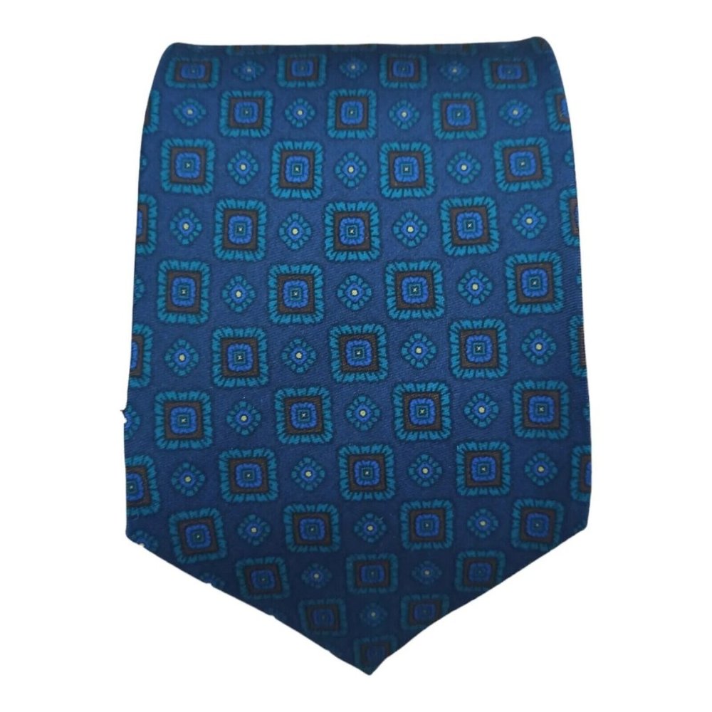 MARCELLO 7FOLD Blue Geometric Silk Tie HANDMADE ITALY 61"/3.5" EC